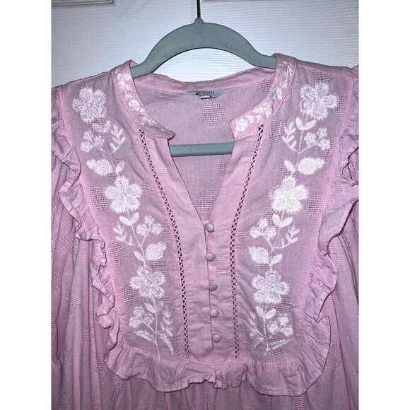 CROWN & IVY Soft Pink Long Sleeve Ruffle Embroidered Neckline Boho Blouse - Picture 6 of 11